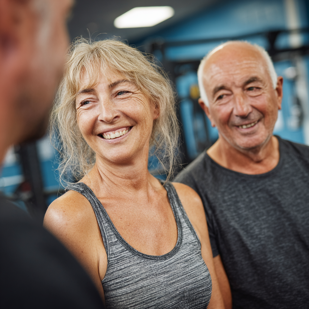 Cuplu de 56 și 59 de ani participând la prima lor sesiune de fitness gratuit, zâmbind și interacționând cu antrenorul